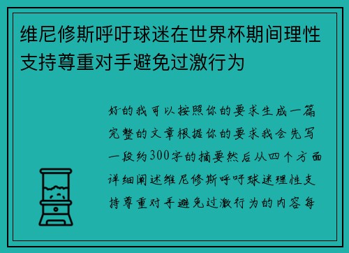 维尼修斯呼吁球迷在世界杯期间理性支持尊重对手避免过激行为